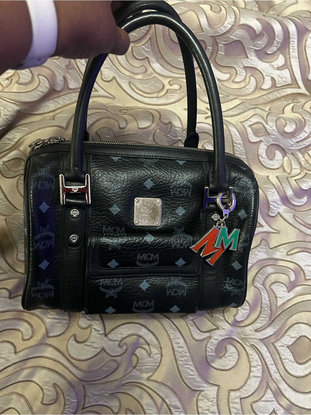MCM Black Logo Leather Satchel with Colorful M Charm